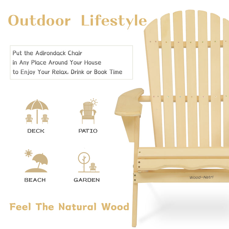 Wood-Natrl Outdoor Folding Wooden Adirondack Lounger Chair, Yellow Cedar Wood, for Patio/Garden/Lawn/Beach